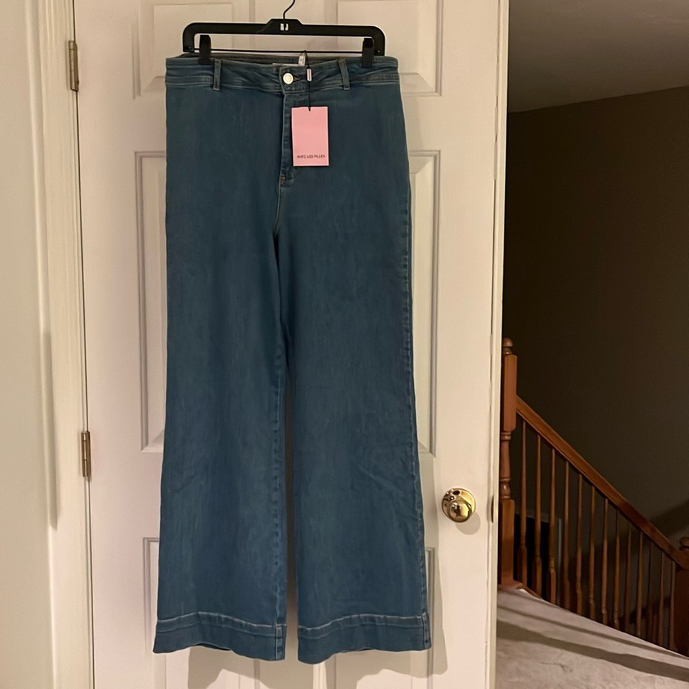 New Avec Les Filles Flat front wide leg Patch pocket stretch denim jean Size 31